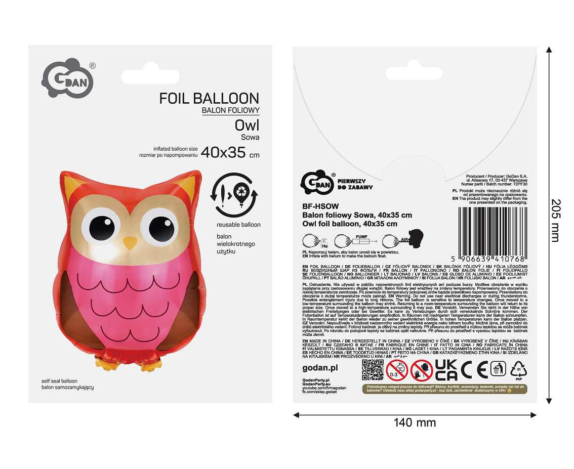Owl foil balloon, 40x35 cm EOL